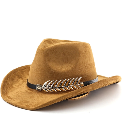 Chapeau De Cow-Boy Western Simili Daim Large Bord Avec Bande En Cuir Et Plume Métallique Style Jazz Vintage Femmes