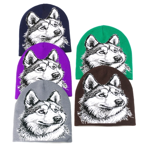 Bonnet En Tricot Acrylique Motif Loup Jacquard Bonnet D'Hiver Chaud Pour Hommes Femmes Unisexe Style Hip Hop