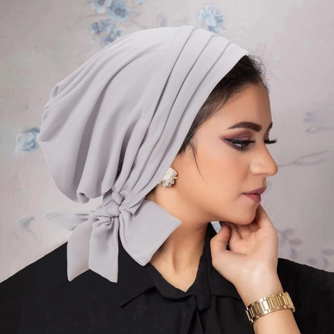 Women Turban Hat Pleated Headwrap With Bow Solid Color Soft Polyester Chemo Cap Elegant Headwear For Autumn Winter