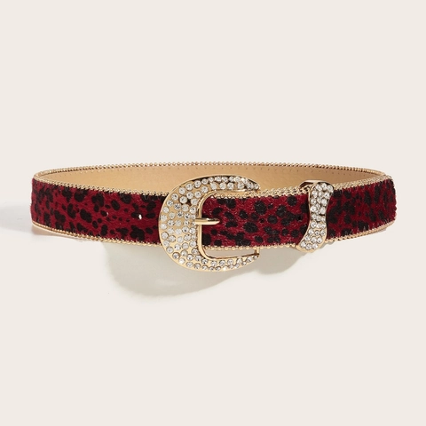 Vintage Red Leopard Print Belt With Large Gold Rhinestone Buckle PU Leather Fashion Waist Belt For Women Accessories