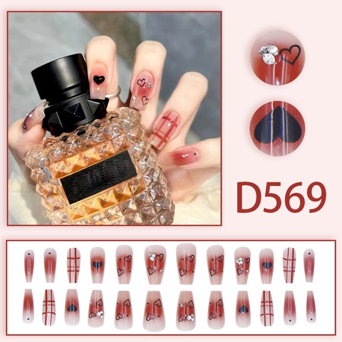 Faux Ongles Long Cercueil Rose Transparent Avec Motifs Cœur À Carreaux Rouges Et Strass Pour Femmes
