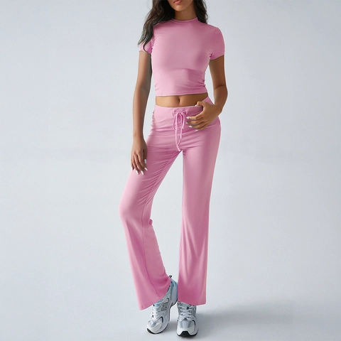 Women Top And Pants Solid Color Round Neck Short Sleeve Crop Top High Waist Drawstring Viscose Elastane Casual