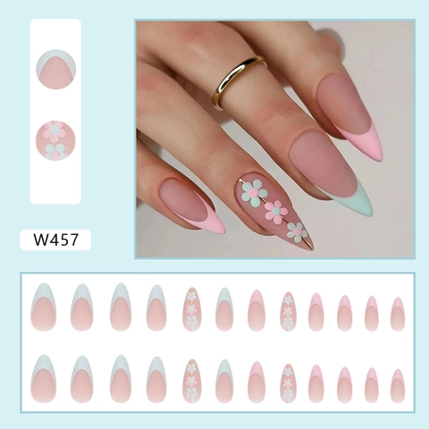 Faux Ongles Amande Français Mat Longs Ongles Artificiels Avec Design Floral 3D Dégradé Rose Bleu Élégant Style Ins