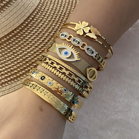 Evil Eye Armreif Damen Retro Edelstahl Emaille Schmetterling Kleeblatt Hohl Floral Luxus Vintage Schmuck