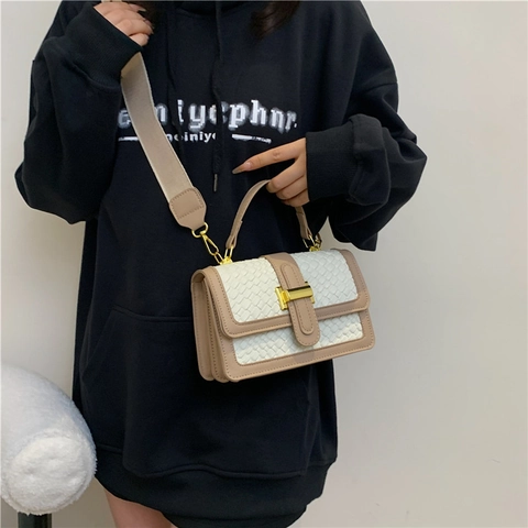 Woven Texture PU Leather Shoulder Crossbody Bag With Wide Strap Decorative Metal Buckle Retro Style For Women