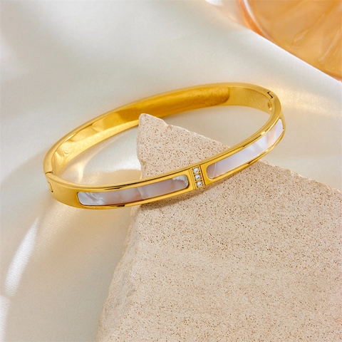 Elegante Bracciale Rigido In Acciaio Inossidabile Da Donna Con Madreperla Bianca E Zirconi Gioielli Di Moda Minimalisti