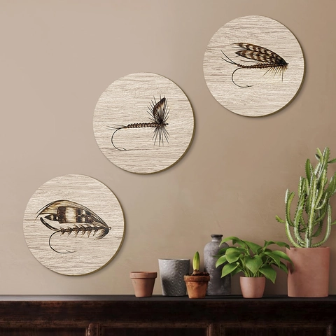 Runde Wandkunst Aus Holz Pappelholz Hängeplakette Vintage Fliegenfischen Muster Bauernhaus Kabine Heim Ästhetik