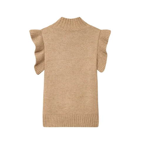 Women Knit Tank Top High Neck Sleeveless Ruffle Sleeve Slim Fit Camel Elegant Casual Polyester Knitted Vest Shirt
