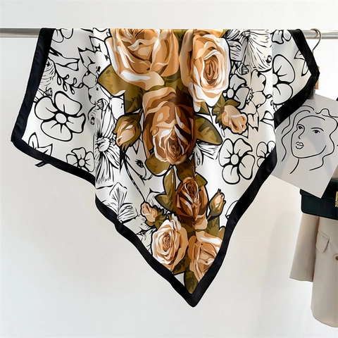 Women Vintage Rose Floral Print Satin Square Scarf Elegant Large Twill Silk Feeling Head Scarf Neck Wrap Shawl Fashion Accessory