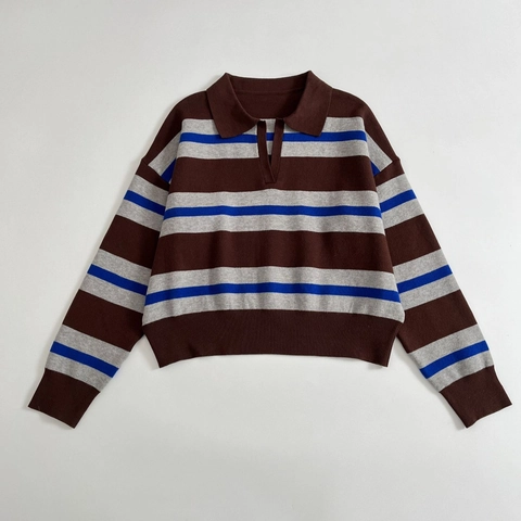 Maglione In Maglia Polo A Righe Retro Americano Da Donna Top A Maniche Lunghe Casual Allentato Con Scollo A V Poliestere Autunno