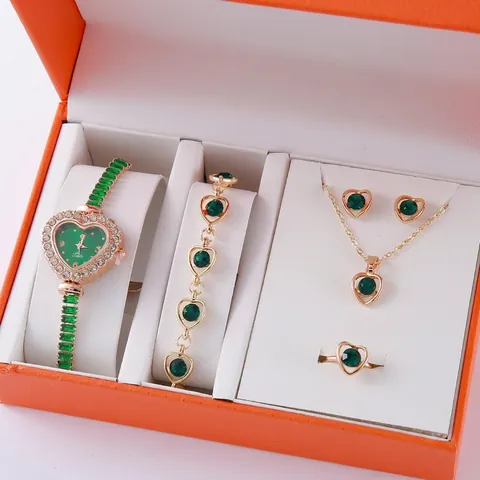 Ensemble Montre et Bijoux en Alliage de Luxe pour Femmes Quartz Forme de Cœur Incrusté de Strass Bracelet Collier Boucles d'Oreilles Bague