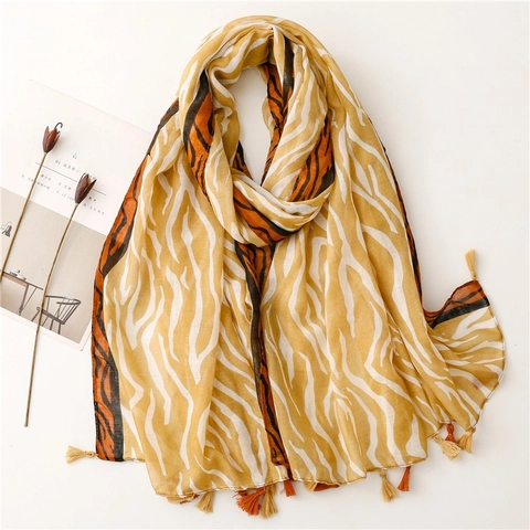 Fashion Zebra Print Shawl Scarf Polyester Voile Lightweight Tassel Fringe Sun Protection Beach Wrap For Women