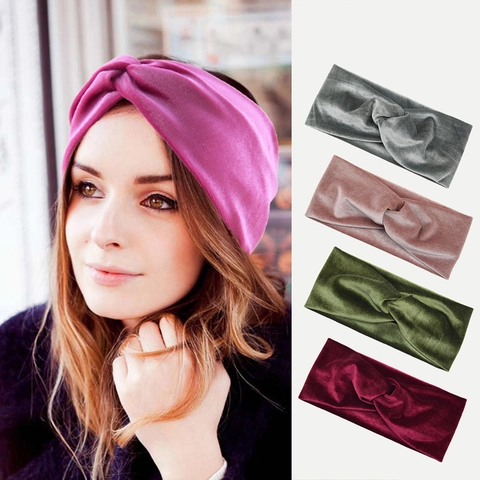 Velvet Twisted Headband Wide Elastic Cross Knot Hair Band Retro Solid Color For Women Yoga Spa Face Washing