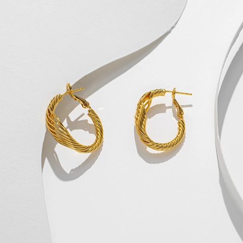 Orecchini a Cerchio a Forma di C in Acciaio Inossidabile per Donna Placcati in Oro Geometrici con Texture a Spirale Gioielli