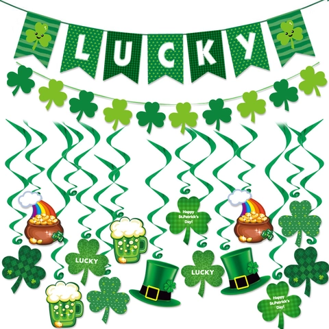 Kit Decoración Fiesta San Patricio Pancarta Trébol Verde Espirales Colgantes Guirnalda de Papel Festival Irlandés Atrezzo Foto