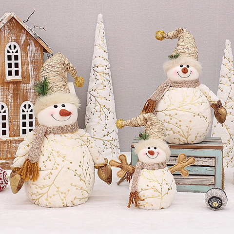 Christmas Snowman Doll Ornament Plush Fabric Golden Pattern Festive Desktop Decoration Holiday Home Gift Nordic Style