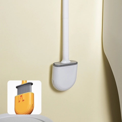 Scopino Per Bagno In Silicone Con Supporto A Pareτε Setole Morbide TPR Strumento Per La Pulizia Del Bagno Asciugatura Rapida Manico Lungo Rimovibile