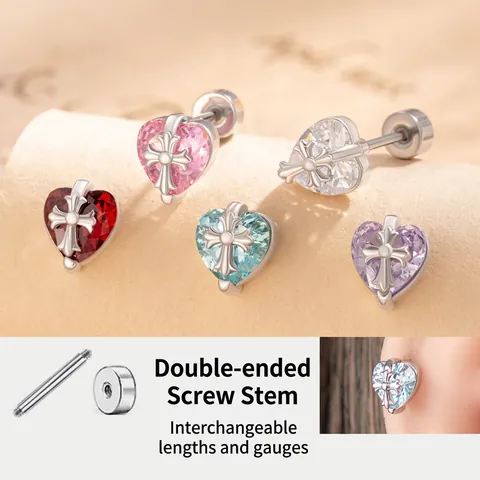 Heart Zircon Cartilage Stud Earrings With Stainless Steel Earring Post Gothic Cross Overlay Copper Jewelry For Women Men