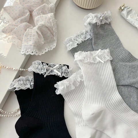 Women Cotton Mid Tube Socks Ribbed Knit Ribbon Bow Lace Trim Sweet Heart Pendant Harajuku Style