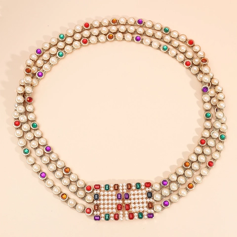 Luxury Waist Chain Belt For Women With Colorful Rhinestone And Faux Artificial Pearl Alloy Multi Layer Retro Banquet Jewelry