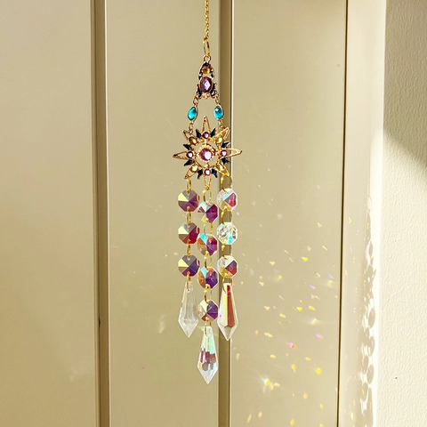 Crystal Suncatcher Prism Hanging Ornament Metal Sun Moon Star Rainbow Maker Window Home Garden Decoration