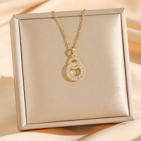 Titanium Stahl Halskette Doppelringe Anhänger Baguette Zirkonia Luxus Elegante Schlüsselbeinkette Für Damen