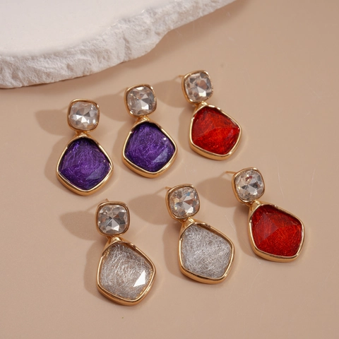 Vintage Geometric Rhombus Dangle Earrings Alloy Resin Jewelry With Silver Earring Post For Women Retro Chic Accessory