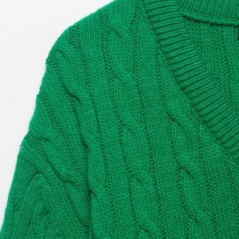 Maglione Da Donna Scollo A V Trecce Manica Lunga Poliestere Casual Stile Vintage Vestibilità Comoda Verde