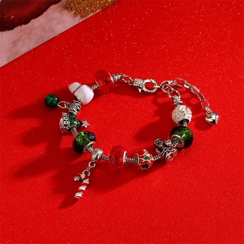 Christmas Charm Bracelet Beaded Snake Chain Copper Alloy Enamel Snowman Santa Candy Cane Holiday Jewelry Adjustable