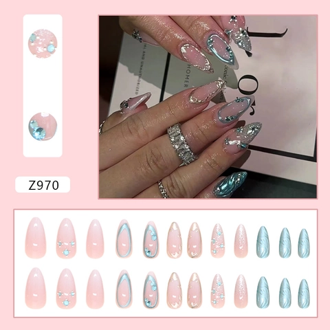 Press On Nails Almond Long Fake Nails With Rhinestones Gradient Pink Blue 3D Metallic Line ABS Plastic Detachable For Women