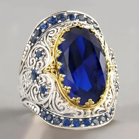 Anello Bohémien Rame Vetro Grande Pietra Blu Ovale Incisione Intricata Bicolore Retrò Barocco Gioielli Da Donna