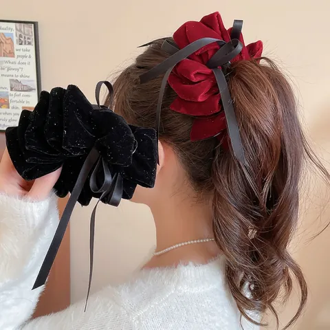 Samtschleife Twist Haarspange Mit Langen Satinbändern Quaste Beflockung Stoff Glitzer Vintage Französischer Stil Für Damen Kopfschmuck