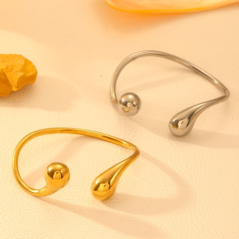 Cuff Bracelet Stainless Steel Open Bangle Minimalist Teardrop Waterdrop End Solid Mirror Polished Jewelry For Women