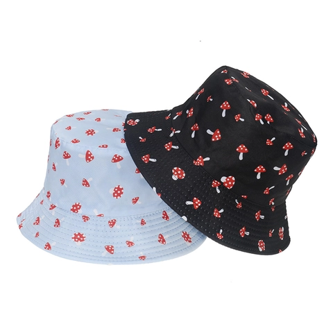 Mushroom Print Bucket Hat Polyester Sun Protection Foldable Fisherman Cap Casual Chic Style For Women Men