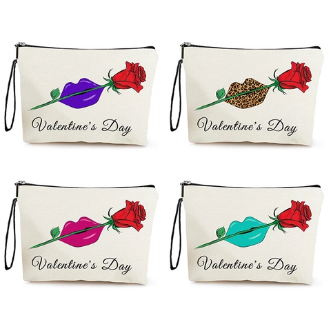 Valentijnsdag Make-up Tas Dames Roos Lippen Print Linnen Cosmetische Tas Met Rits En Polsband Draagbare Reisorganisator