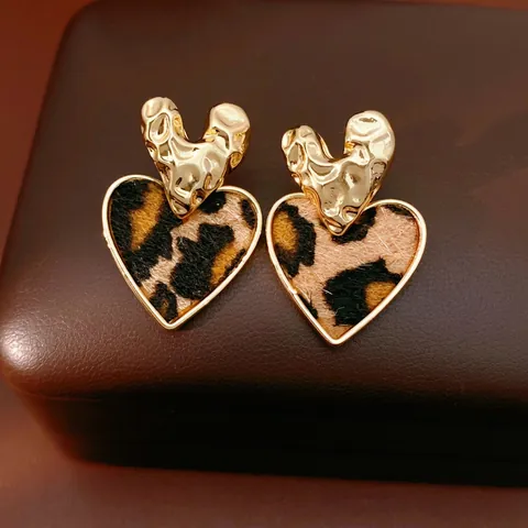 Vintage Heart Square Leopard Print Earrings With Silver Earring Post Alloy Hammered Metal Retro Fashion Jewelry For Women