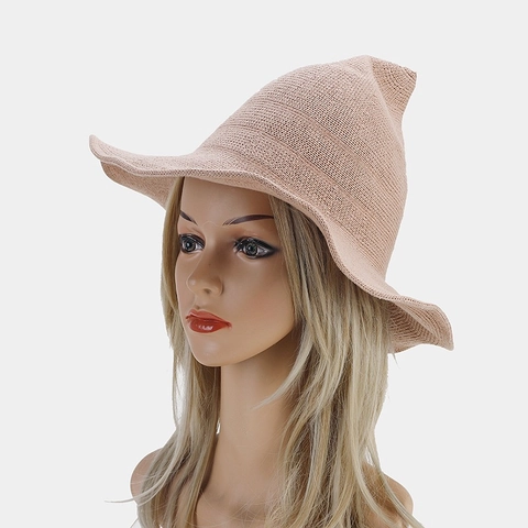 Knitted Witch Hat Pointed Wizard Cap Wide Wavy Brim Cotton Breathable Sunshade Halloween Party Cosplay Costume For Women