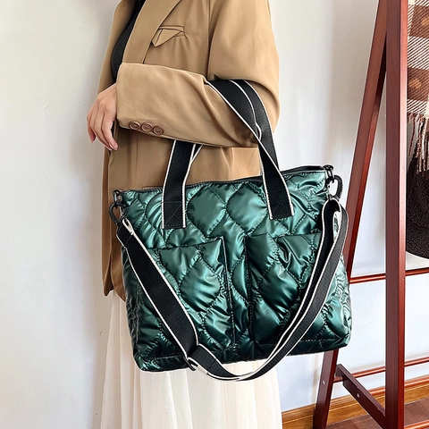 Borsa A Spalla Trapuntata Da Donna Tote Imbottita Impermeabile Grande Capacità Borsa A Mano Lucida Metallica