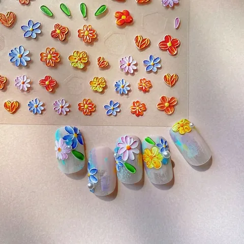 Adesivi Per Unghie 5D Goffrato 3D Rilievo Pittura A Olio Fiori Colorati Girasole Margherita Autoadesivi Decorazione Manicure DIY