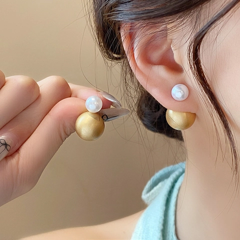 Orecchini A Doppia Faccia Retrò Francese Con Perno In Argento Sterling 925 Sfera In Rame Spazzolato Imitazione Perla Artificial Elegante