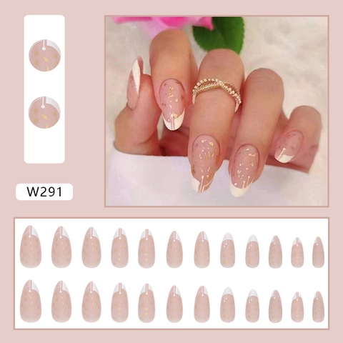 French Almond Press On Nails Elegant White Tips Gold Foil Decor Sweetheart Style Artificial Manicure For Women