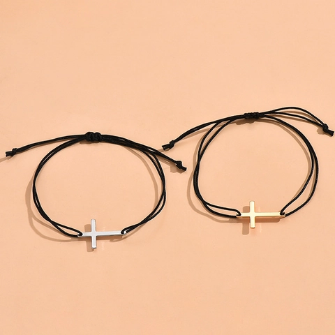 Pulsera De Cuerda Trenzada Con Colgante De Cruz Aleación Ajustable Estilo Minimalista Joyería Para Parejas Hecha A Mano