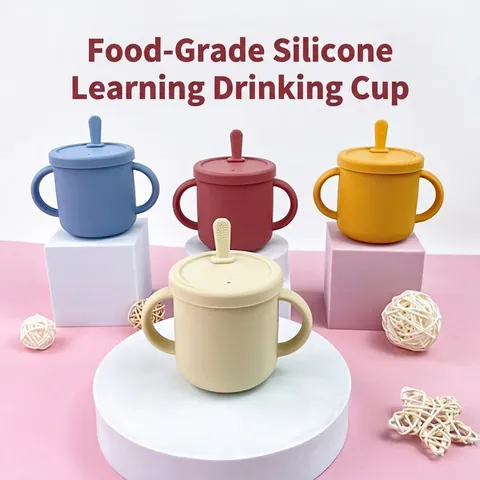 Baby Training Cup Silicone Snack Cup With Straw Lid And Spill Proof Lid Dual Handle BPA Free For Infants Toddlers
