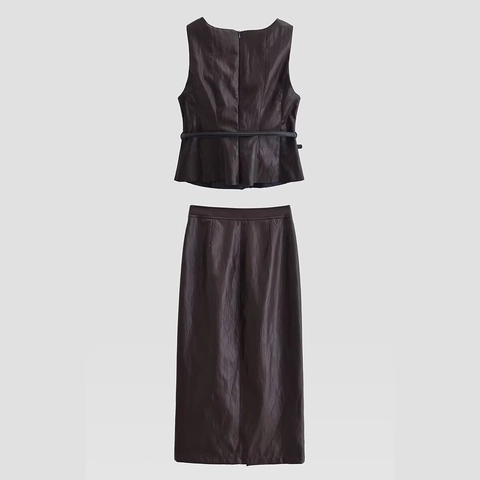 Sleeveless Peplum Top And Midi Slit Skirt Faux Leather PU Belted Solid Color Chic Streetwear Women