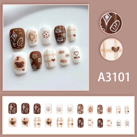Press On Nails Braun Weiß Süßer Bär Blume Herz Schleife Karo Koreanischer Stil Matte Künstliche Falsche Fingernägel Damen