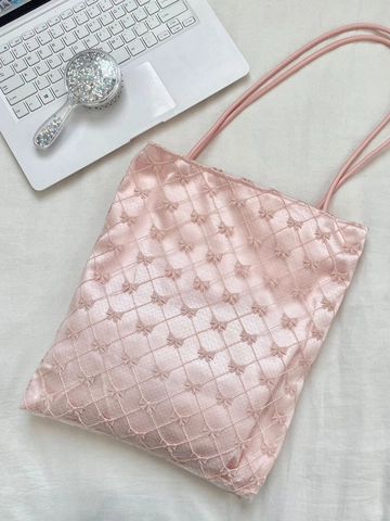 Gewatteerde Tote Bag Satijnen Afwerking Boogborduurwerk Koreaanse Stijl Casual Schoudertas Voor Dames Zoet Elegant