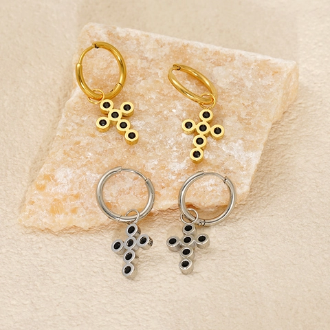 Pendientes De Aro Con Colgante De Cruz Vintage De Acero Inoxidable Bañado En Oro De 18K Con Diamantes De Imitación Negros