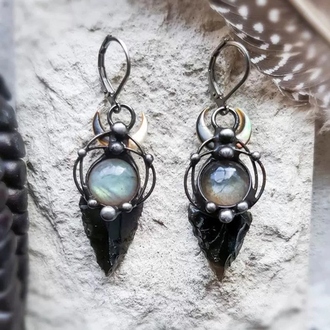 Gothic Hänger Ohrringe Mit Mondstein Und Obsidian Pfeil Anhänger Gun Black Metall Boho Hexen Schmuck Für Damen