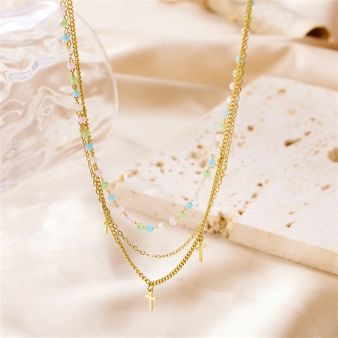Collana A Triplo Strato In Acciaio Inossidabile Ciondoli A Croce Placcati Oro Perline Macaron Colorate Gioielli Moda Donna