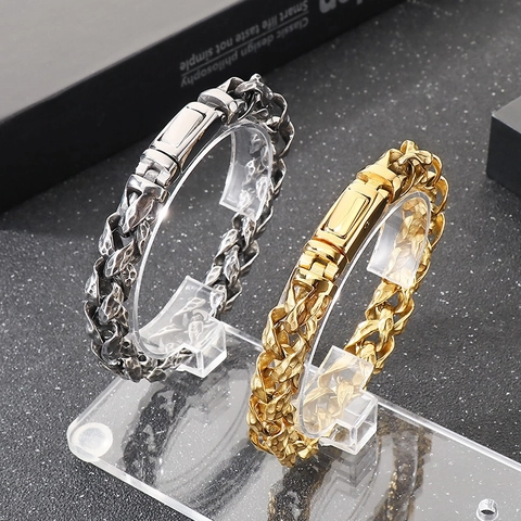 Herren Edelstahl Armband Retro Hammerschlag Textur Geflochtene Kette Punk Stil Schweres Industrielles Schmuckstück